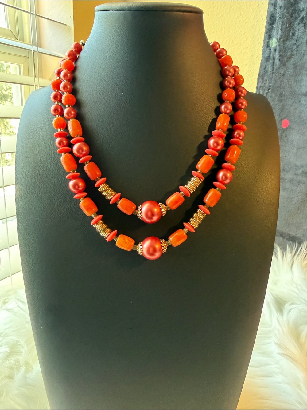 Vintage Japan Orange with Gold Accents Beaded Double Strand Necklace